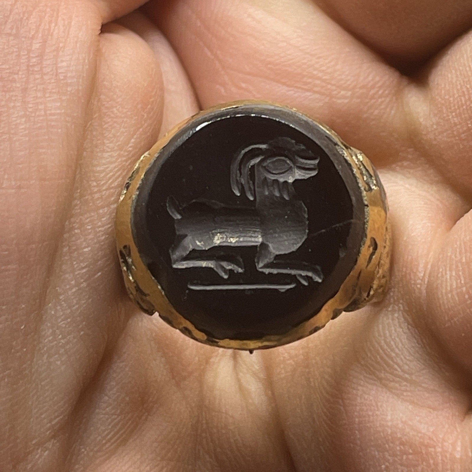 Unique Ancient Roman Intaglio Agate Stone Brass Seal Stamp Ring