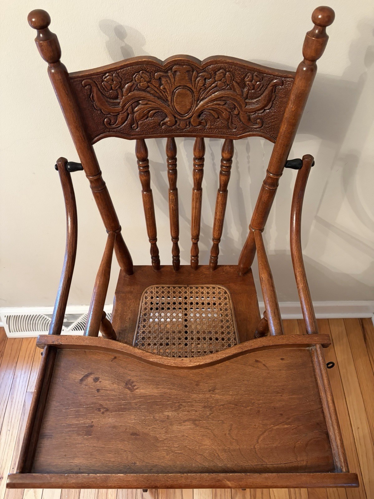 Antique Early 1900s Wood Cane Folding Adjustable High Chair Wheels LOCAL PICKUP