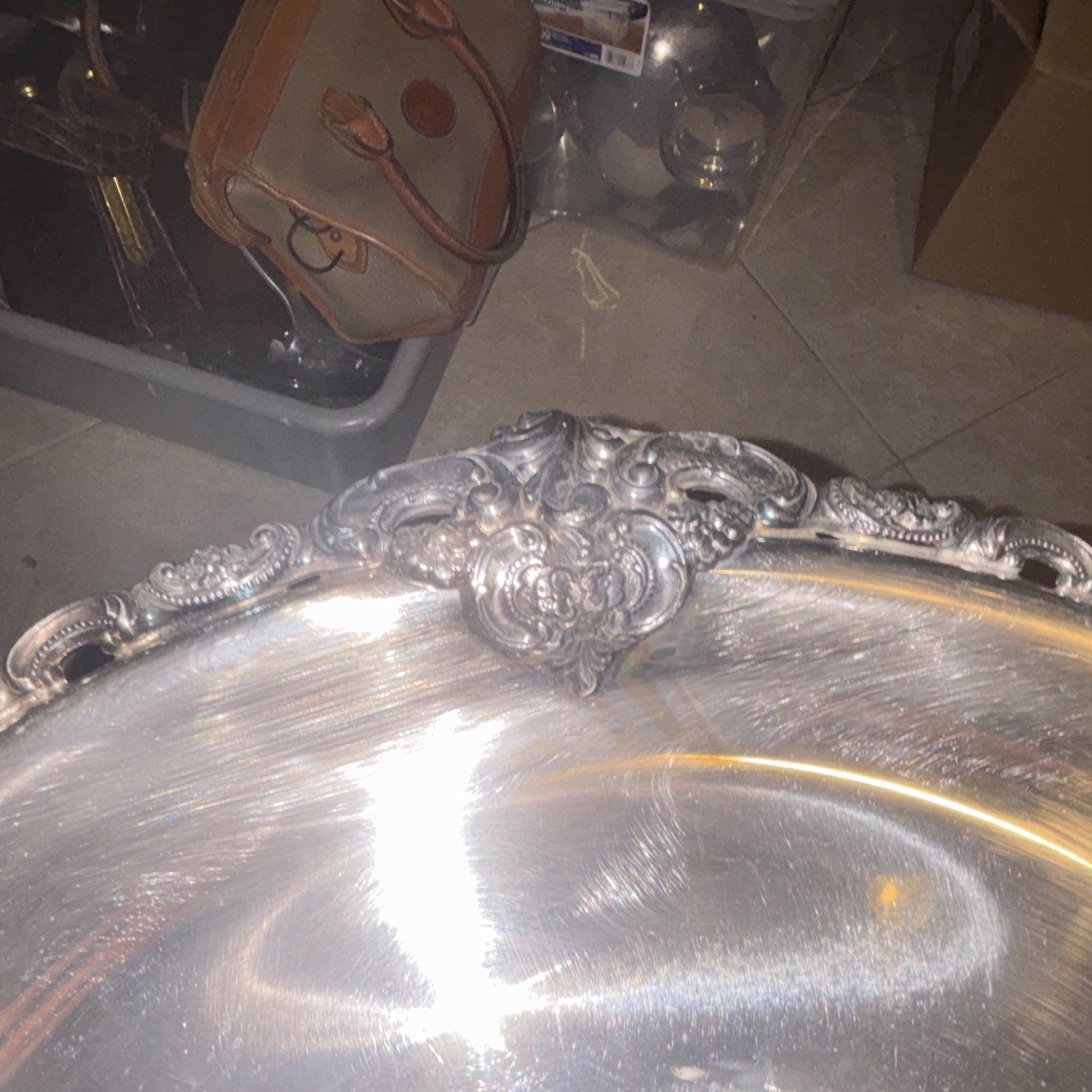 Baroque & Rococo Round Silverplate Serving Tray Platter with Decorative Handles
