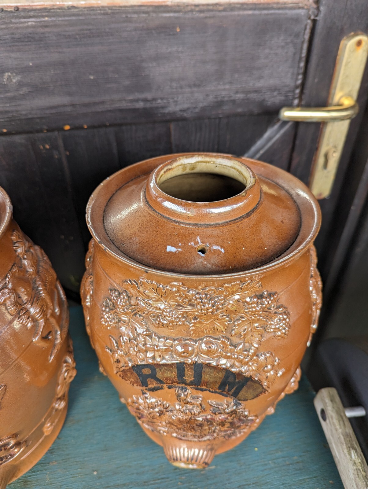 Brampton stoneware spirit barrel, RUM, early C19th inc brass tap. Magnificent