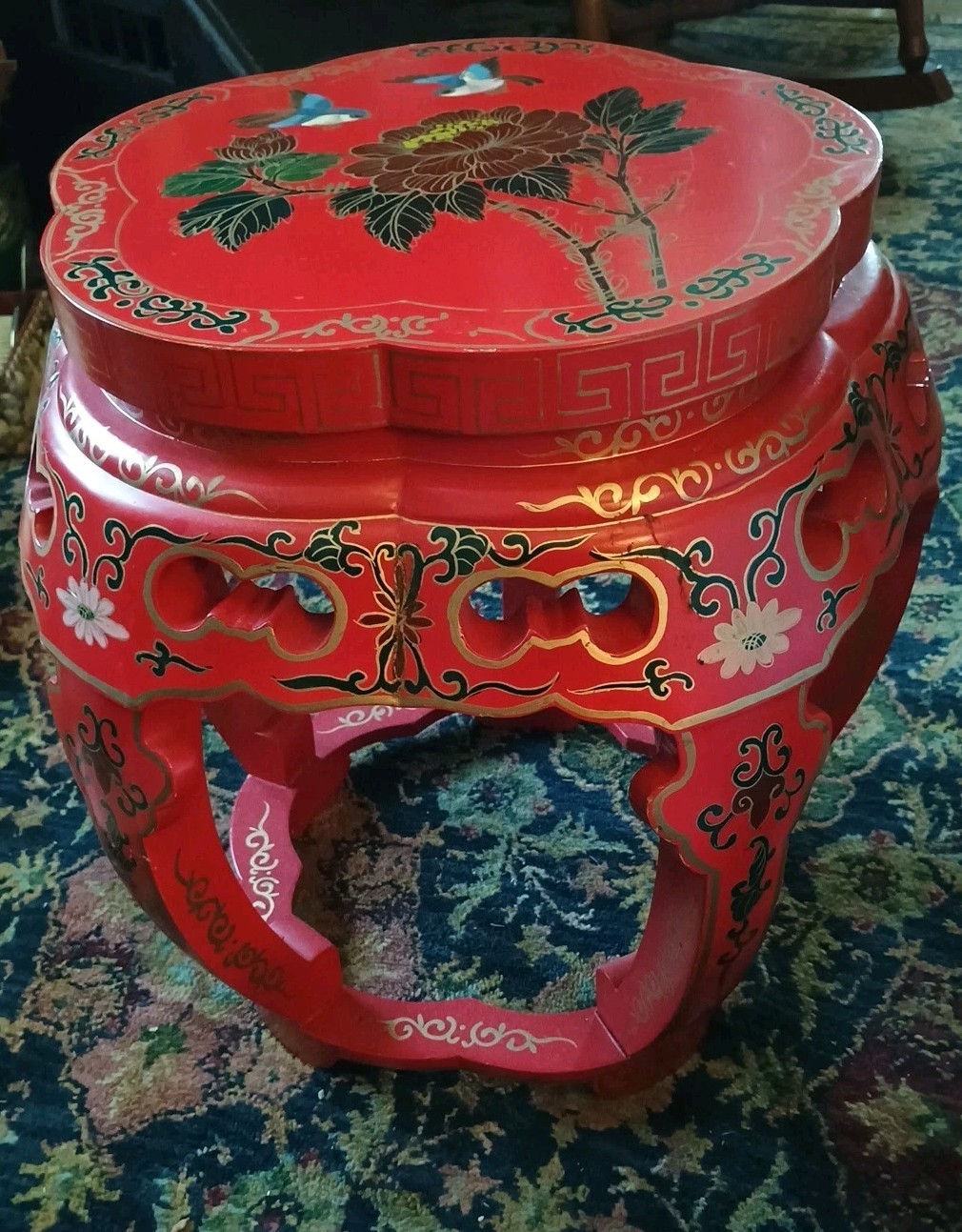 Chinese Antique Red Lacquered and Hand Painted Stool