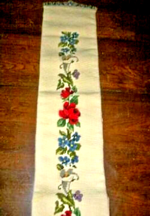 Cottagecore Needlepoint Bell Pull Roses Pewter Hardware Tassels Sweden Handmade