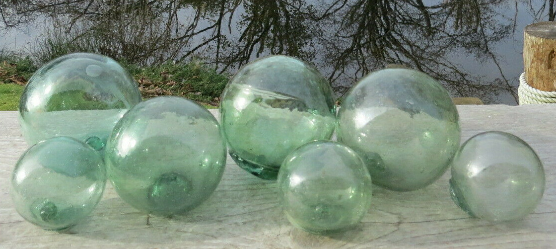 Japanese Blown Glass Floats LOT of 7 Mixed: (4) 3-3.5″& (3) 2″ SEA GREEN Vntg