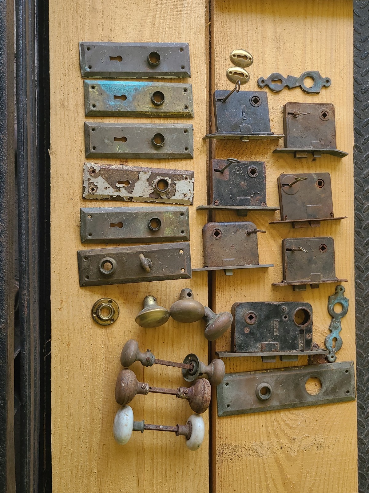 Russwin etc Antique Mortise Lock Lot w/ Door Knobs & Escutcheon Plates, Salvage