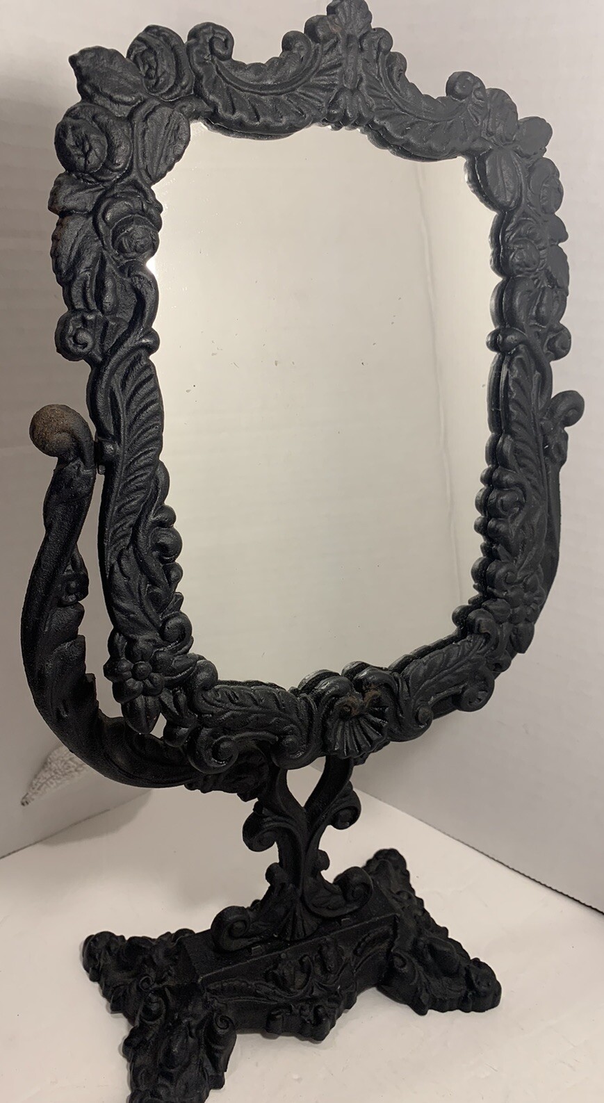 Antique Victorian Vanity TableTop Mirror Ornate Cast Iron Floral Vintage English