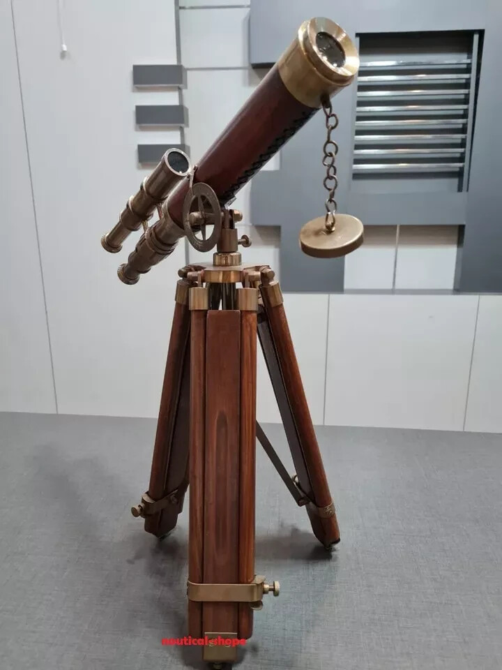 Nautical Brass Double Barrel Floor Standing Antique Telescope Wood Tripod Decor