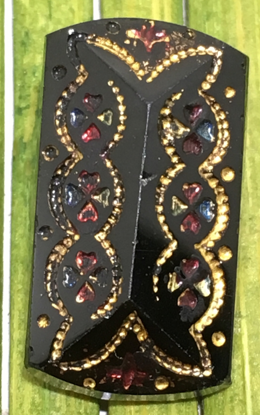 Antique Black Glass Button Rectangle Gold Foil Embedded Tunnel Shank 3/4″