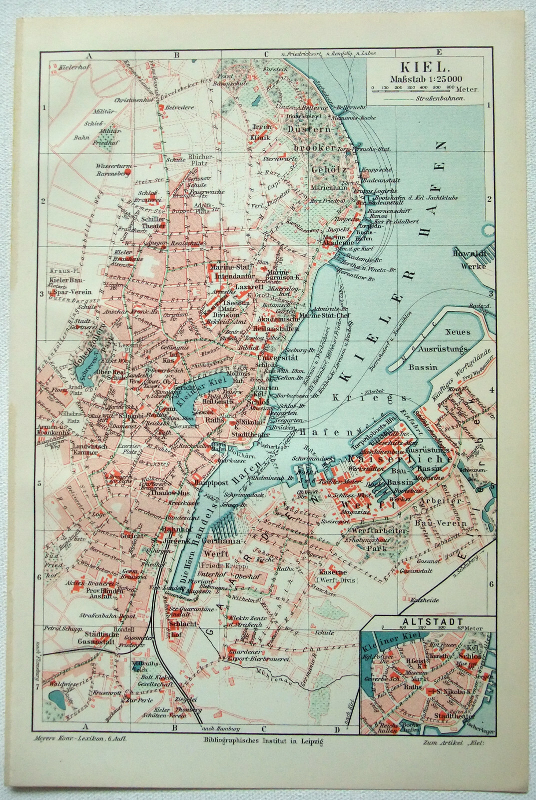 Kiel, Germany – Original 1905 City Map by Meyers. Antique