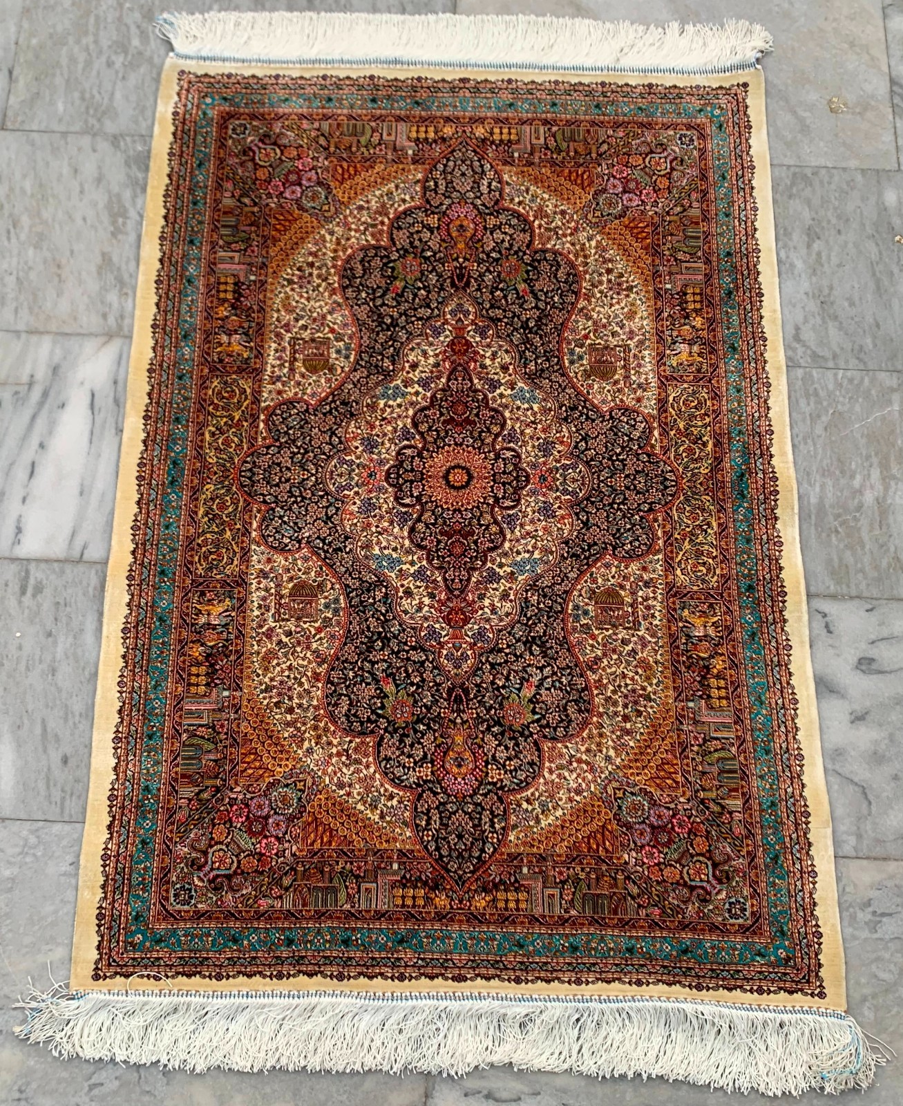 100% Silk Rug | 3×4 ft Bamboo Silk Rug Handmade Fringes and Borders