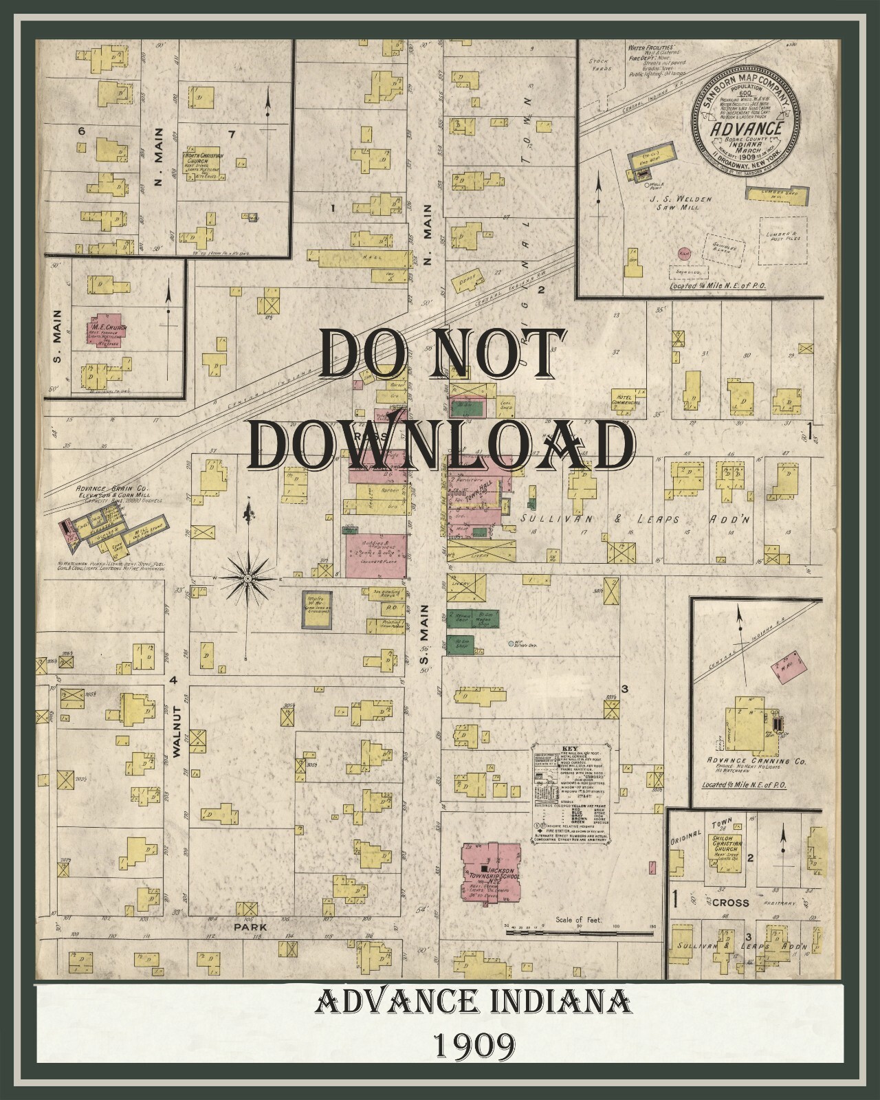 1909 Historical Fire Map of Advance Indiana 16″ X 20″ VERY DETAILED