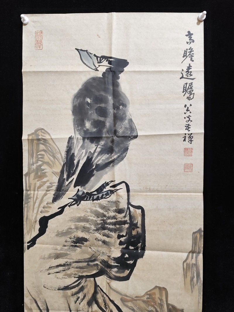 39in Chinese Old Hand Painting Eagle Rice Paper with Bag 鹰 By Li Kuchan 李苦禅