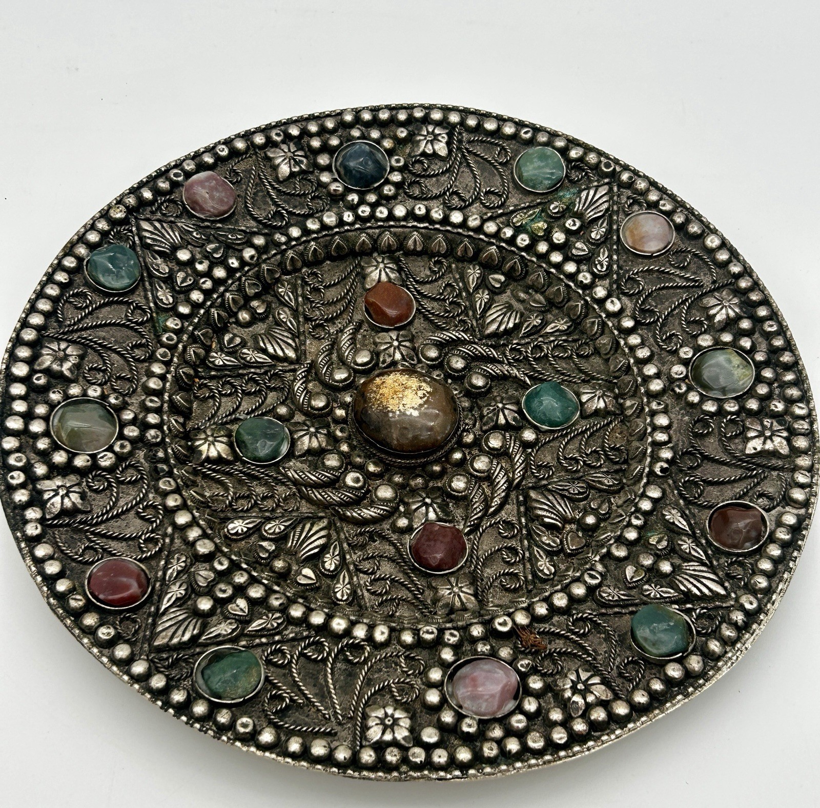 Vintage Tibet Silver Crystal Stone Gem Inlay Plate Tray Made In India