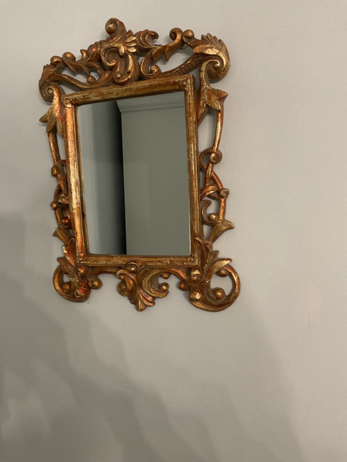 Vintage Carved Gold and Umber Ornate Rococco Style Mirror 18”X 12”