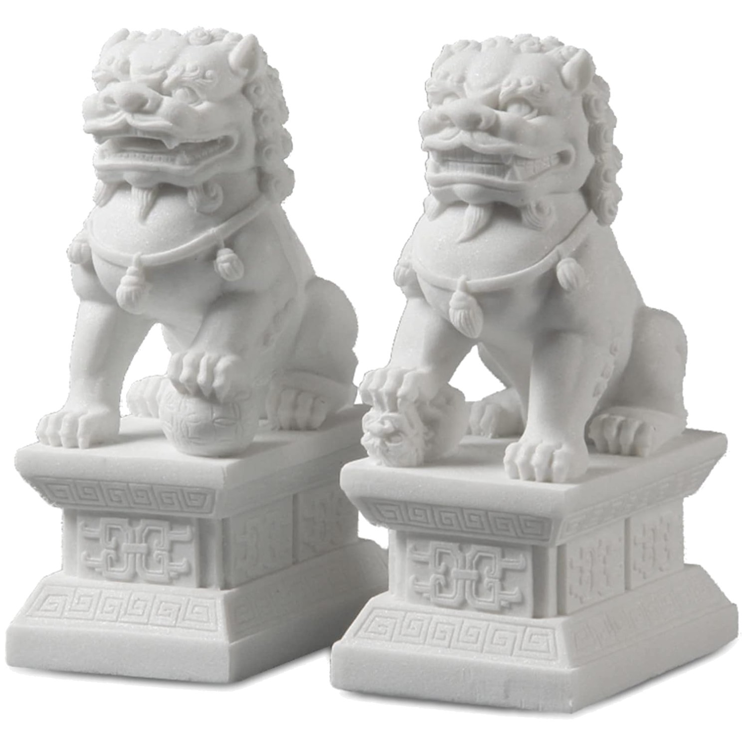 White Stone Foo Dog Statue Pair, Guardian Lions Set