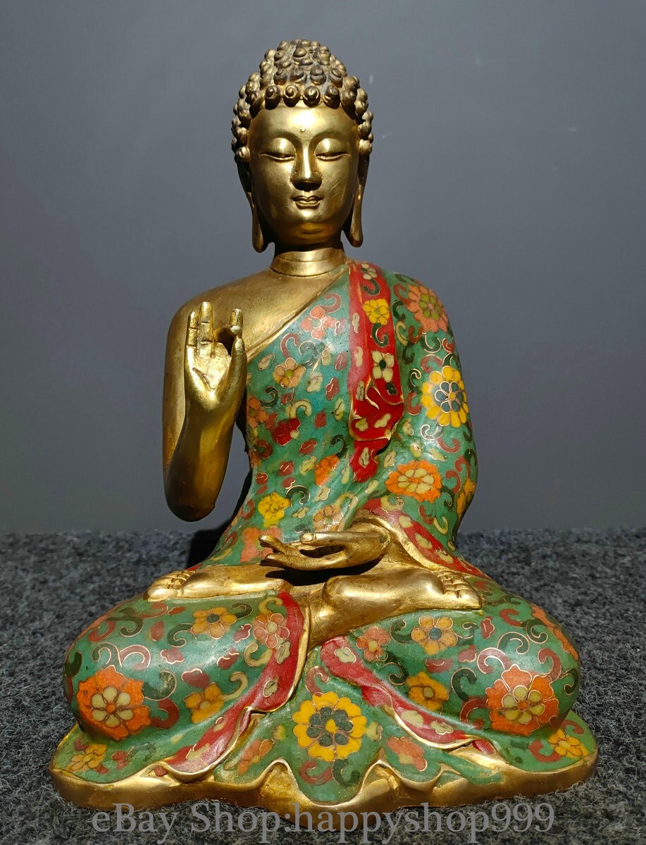 11.2″ Chinese Bronze Cloisonne Enamel Sit Sakyamuni Tathagata Buddha Statue