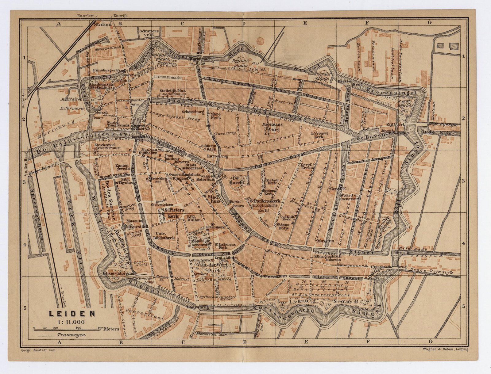 1900 ORIGINAL ANTIQUE MAP OF LEIDEN / NETHERLANDS HOLLAND