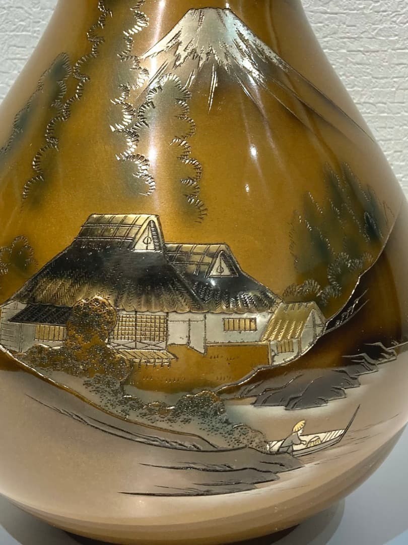 Fuji Mountain Japanese Bronze Vase Vintage Metal Jar Vessel Landscape 10.3 inch