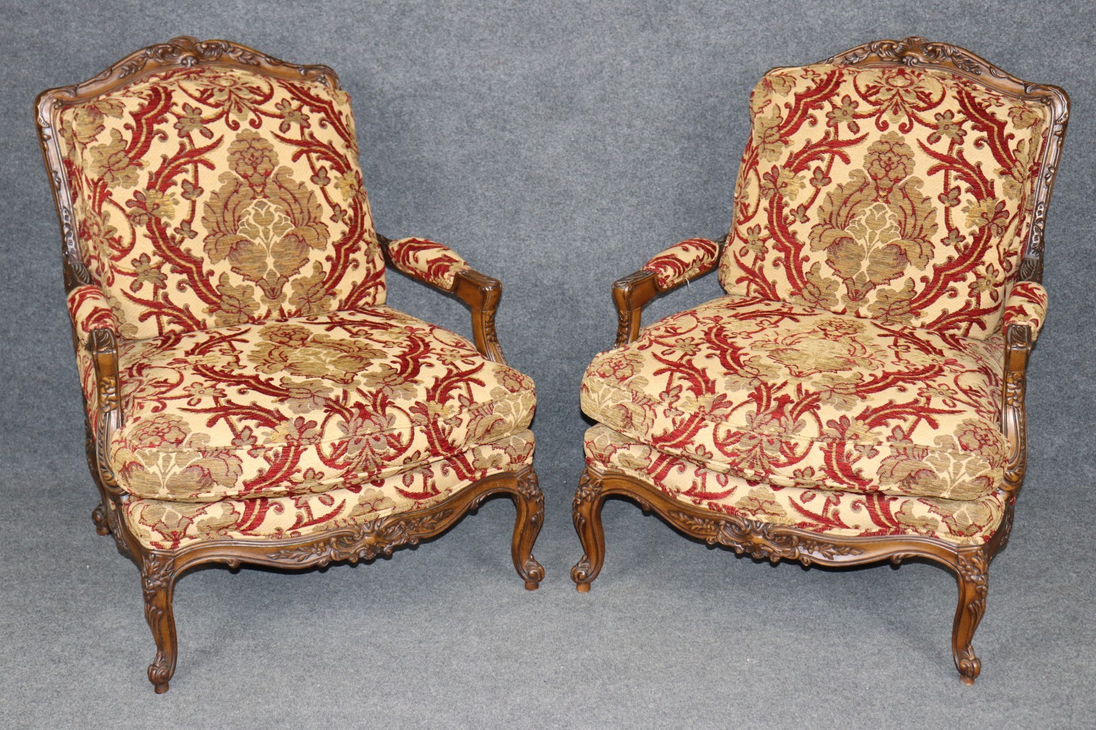 Oversized Pair of 20th C. French Louis XV Style Carved Armchairs