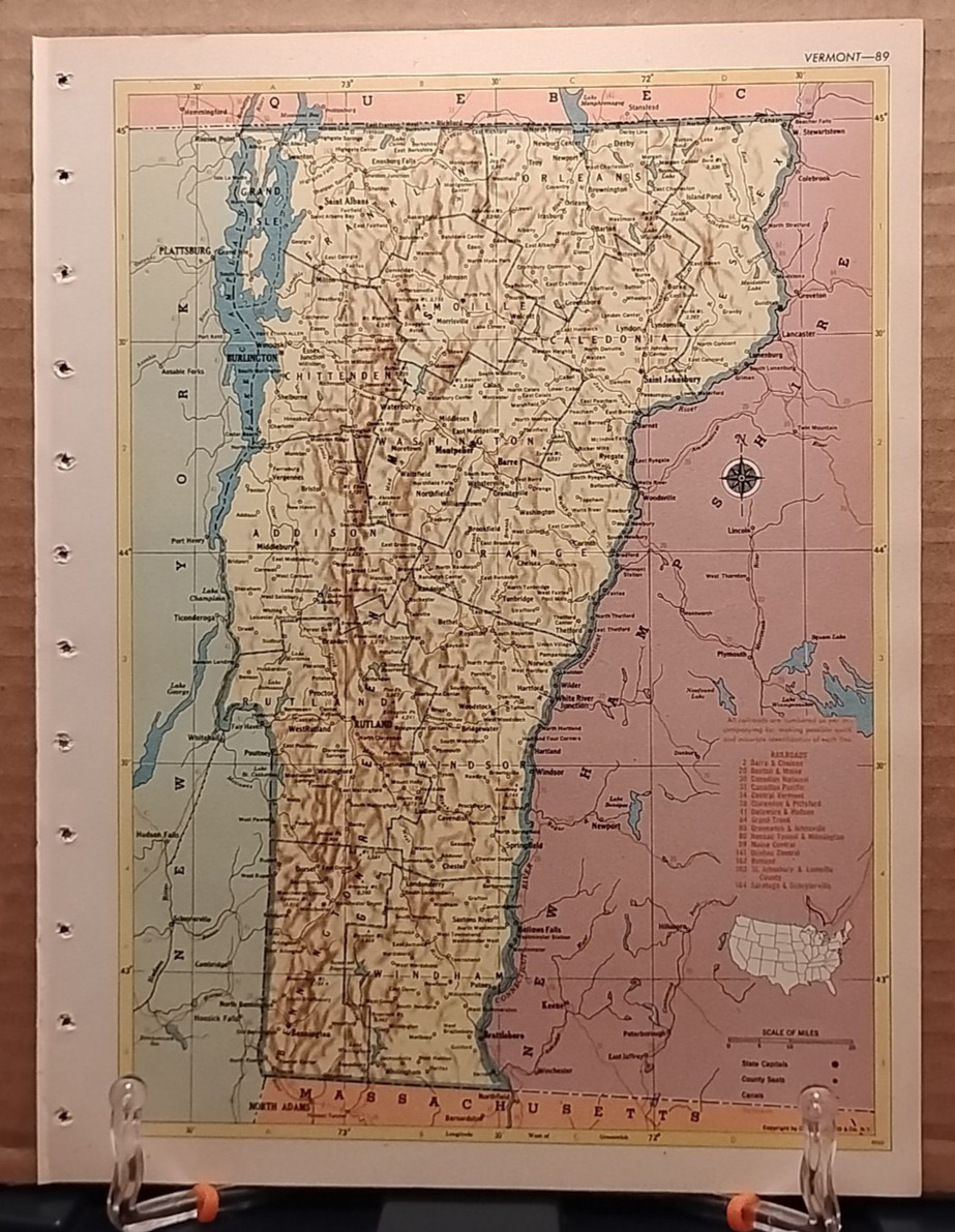 1953 Vintage VERMONT Antique Atlas Map Hammond’s World Atlas Superior Edition