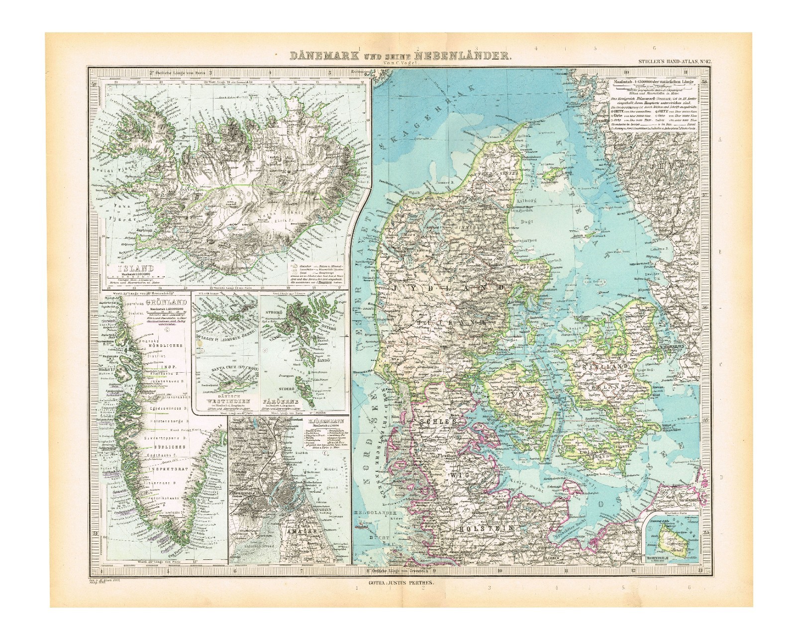 ICELAND GREENLAND DENMARK FAROE ISLANDS Stieler Atlas 1891 Large Reykjavík