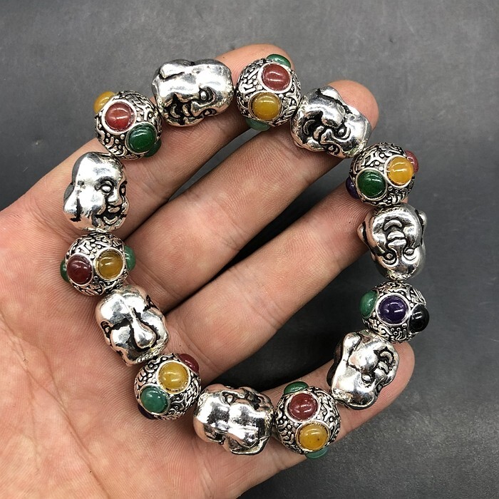Handmade Xizang Tibetan Silver chain Nepal bracelet Real gem Nepai Buddha’s head