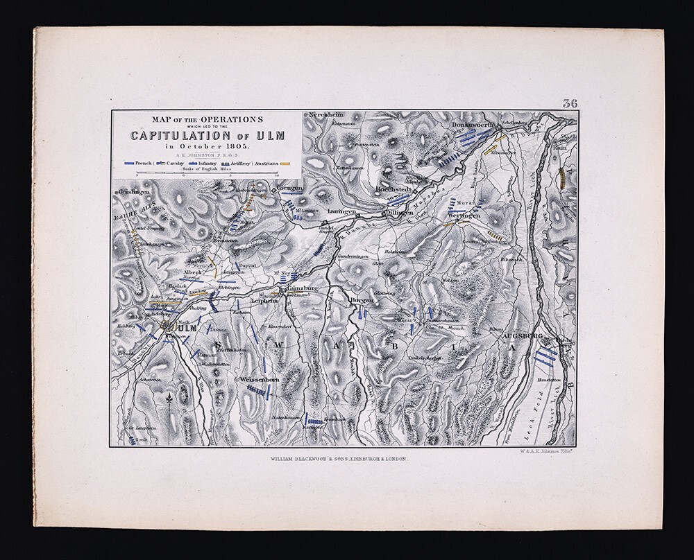 1855 Johnston Map Battle Capitulation of Ulm Germany 1805 Napoleonic Wars France