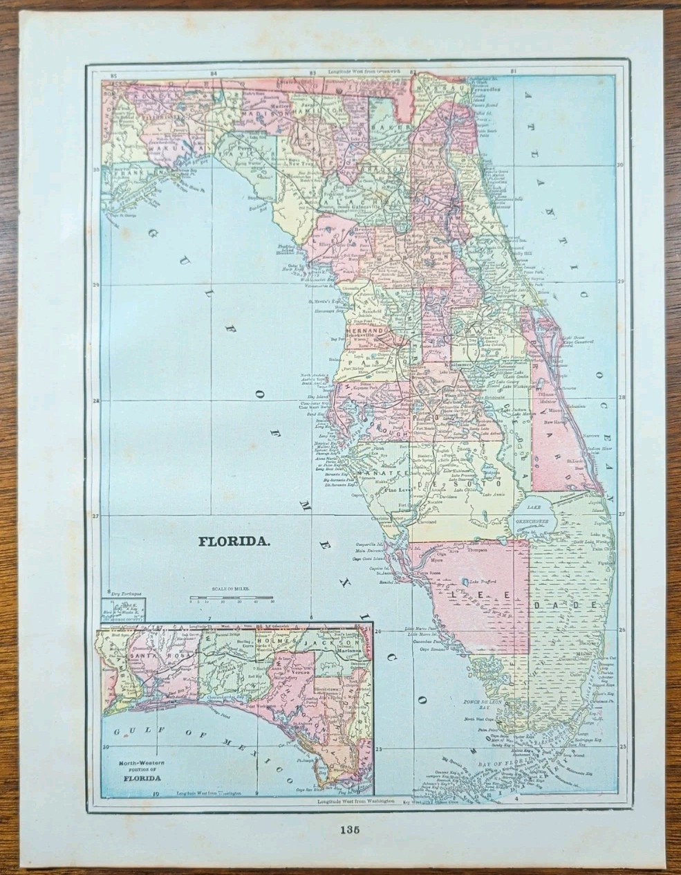 Vintage 1893 FLORIDA Map 11″x14″ Old Antique Original KEY WEST MIAMI FERNANDINA