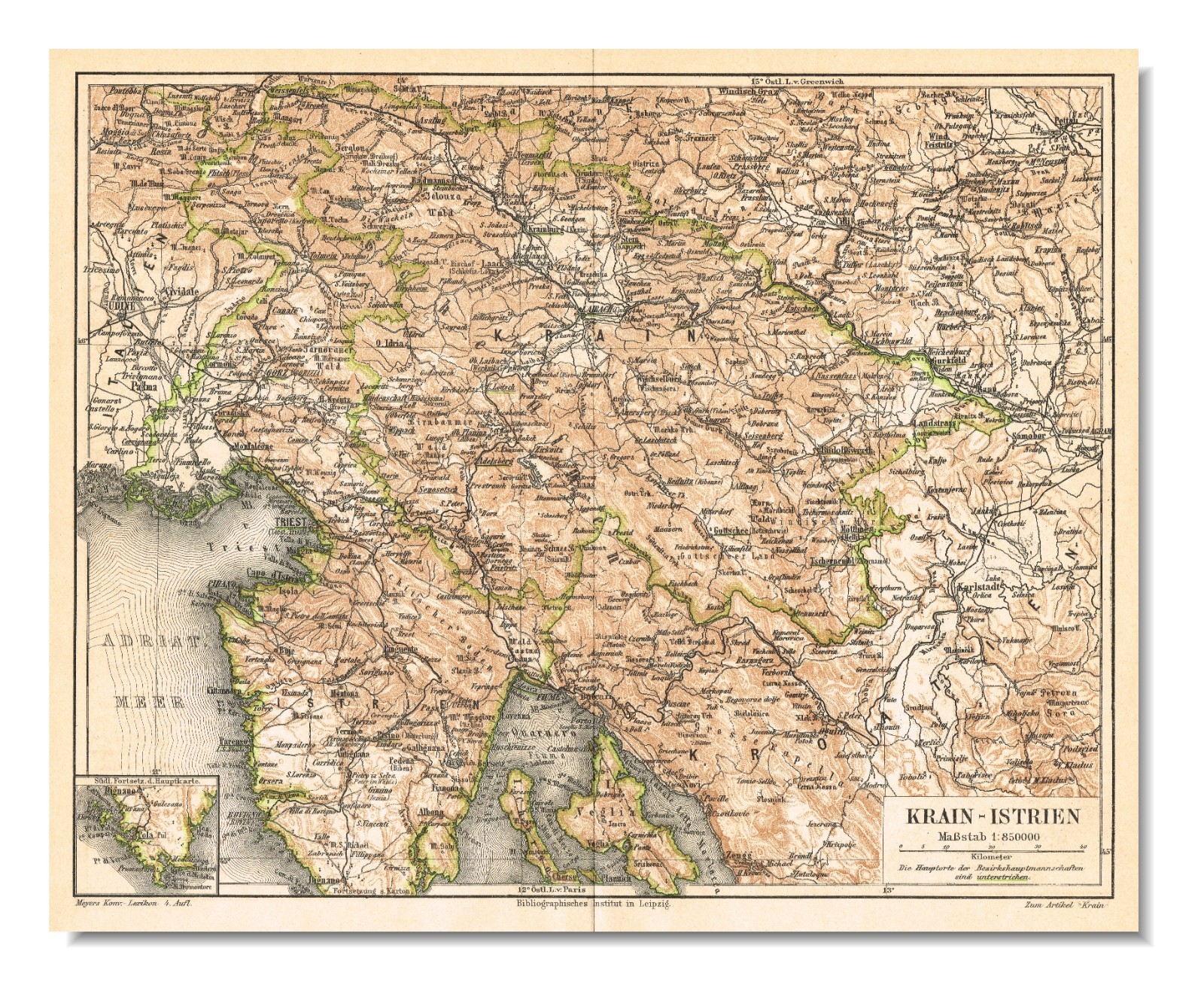 SLOVENIA Map 1888 Original Map ANTIQUE Slovenija Ljubljana Laibach map ISTRIA