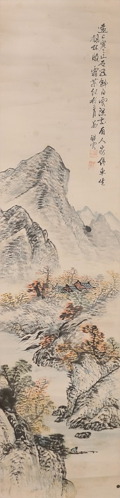 함영식(호 : 정운) /일제강점기 일본거주 한국근대화가/지본채색족자/산수화/그림 가로:12.25인치,세로:47.5인치