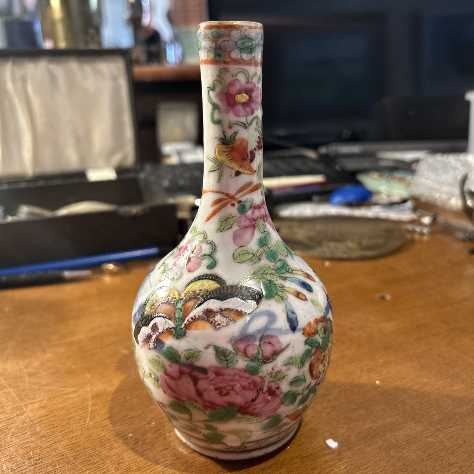 Chinese Famille Rose Vase Antique, Butterflies, Birds Hand painted Not Signed