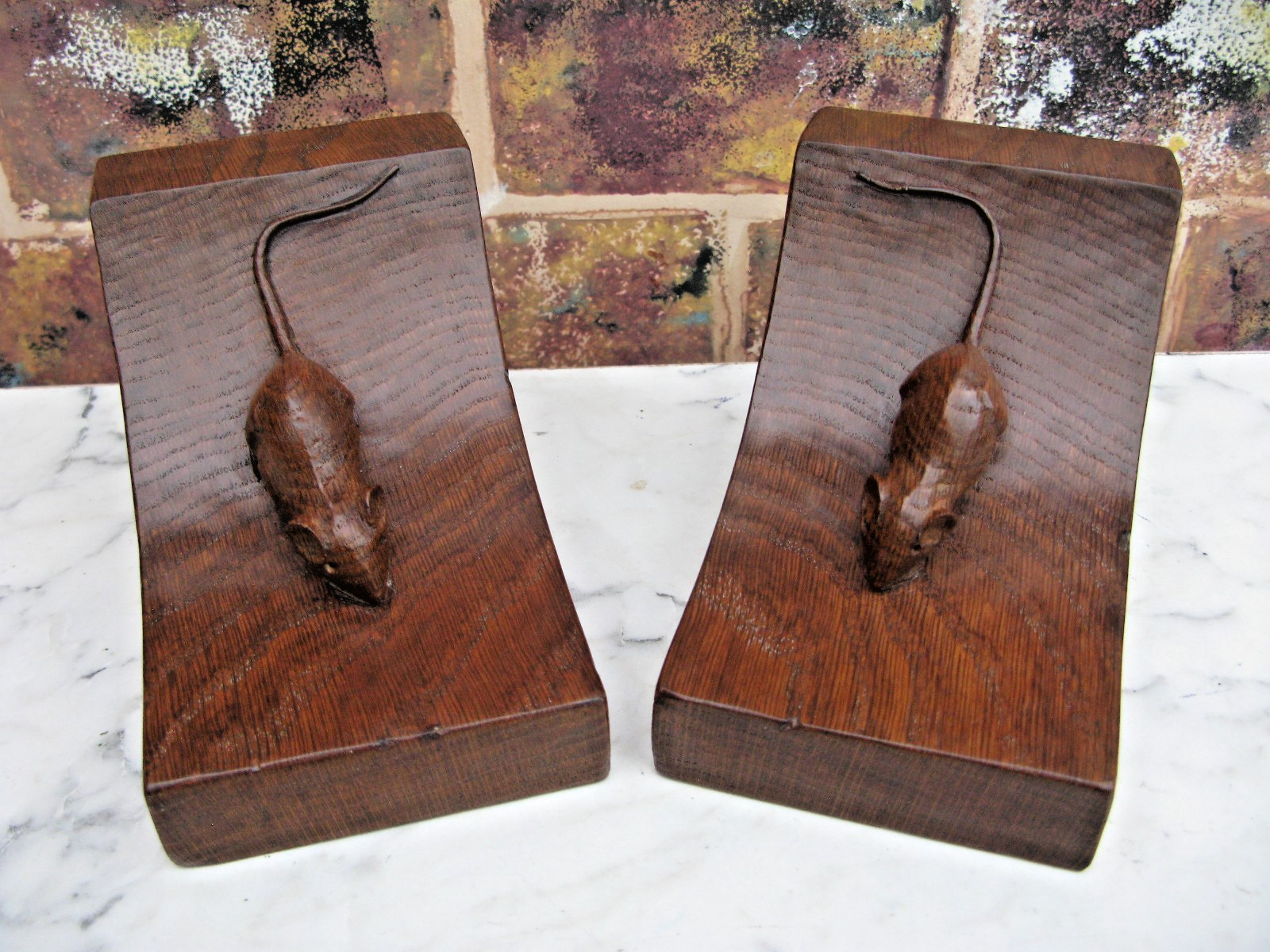 Early Rare Desirable Robert “Mouseman” Thompson Yorkshire Oak Bookends c.1940s