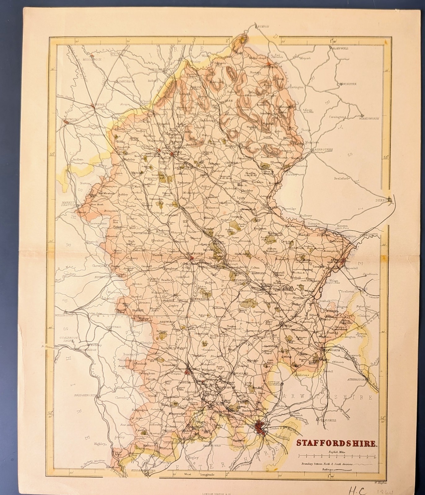 1864 Antique Staffordshire County Map W. Hughes London Virtue & Co Railways
