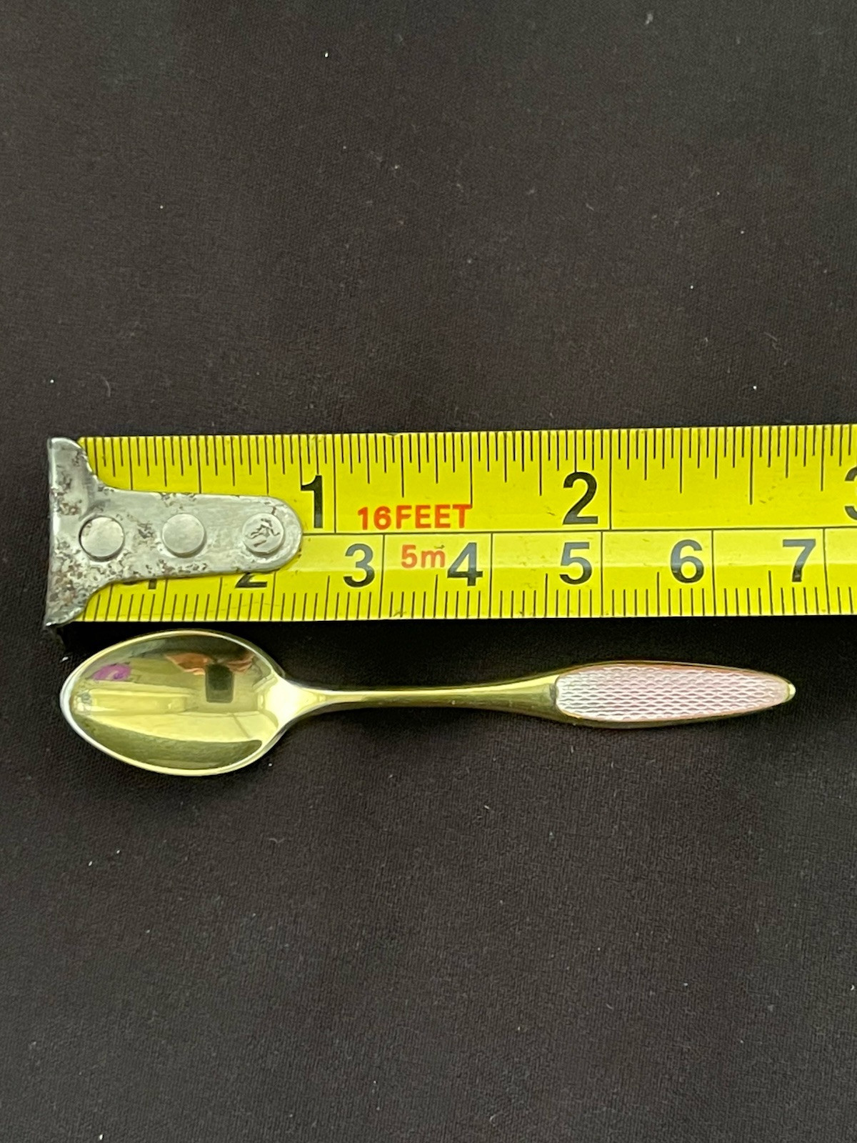 ANTIQUE SOLID SILVER & GUILOCHE ENAMEL SALT/MUSTARD SPOON. 925 Sterling Denmark