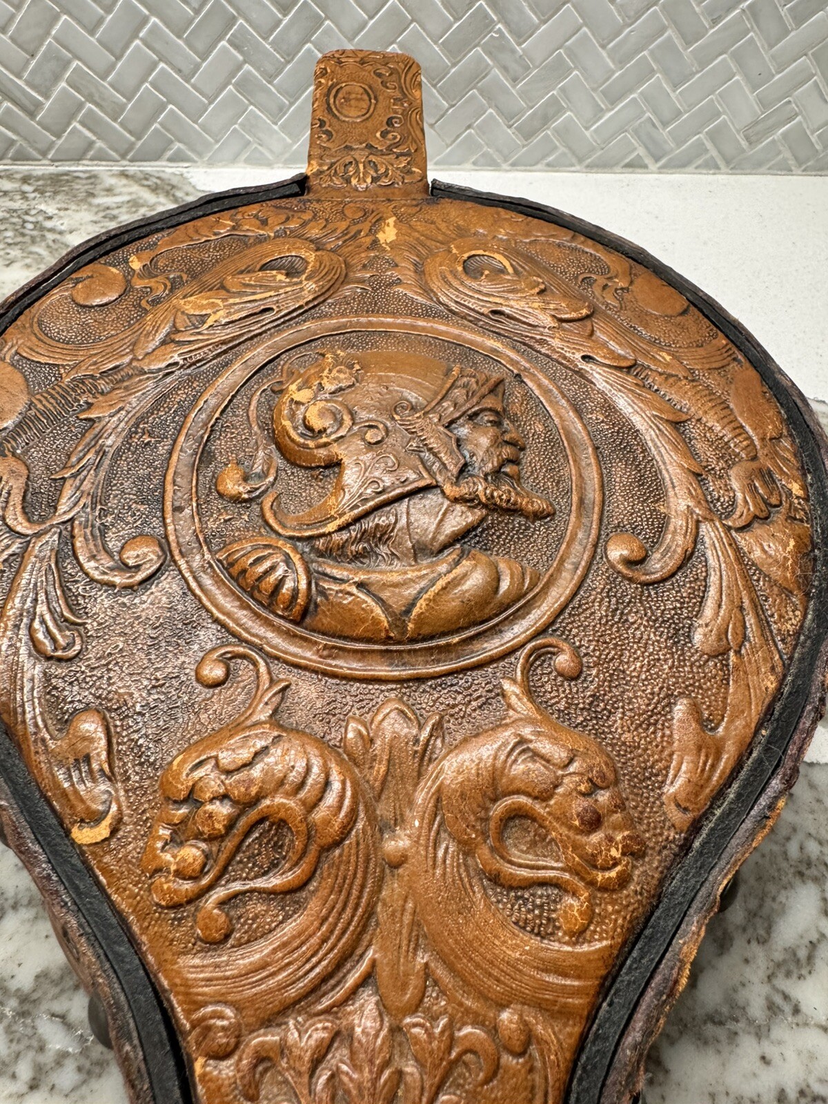 Antique Hand Tooled Leather Fireplace Bellow Wood – See Pictures for Design VG+