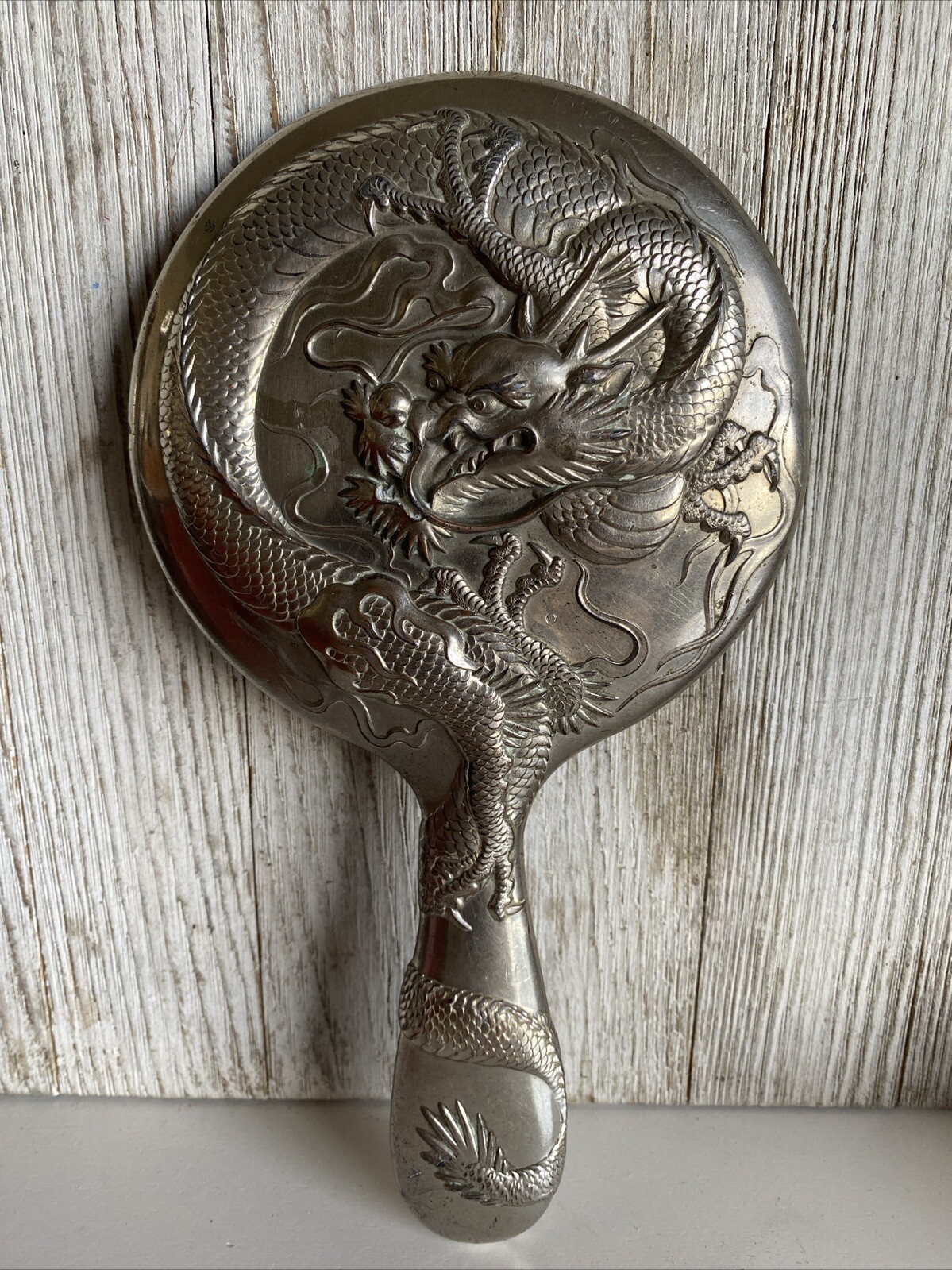 Antique 20th Century Chinese Silver Plate Dragon Hand Mirror