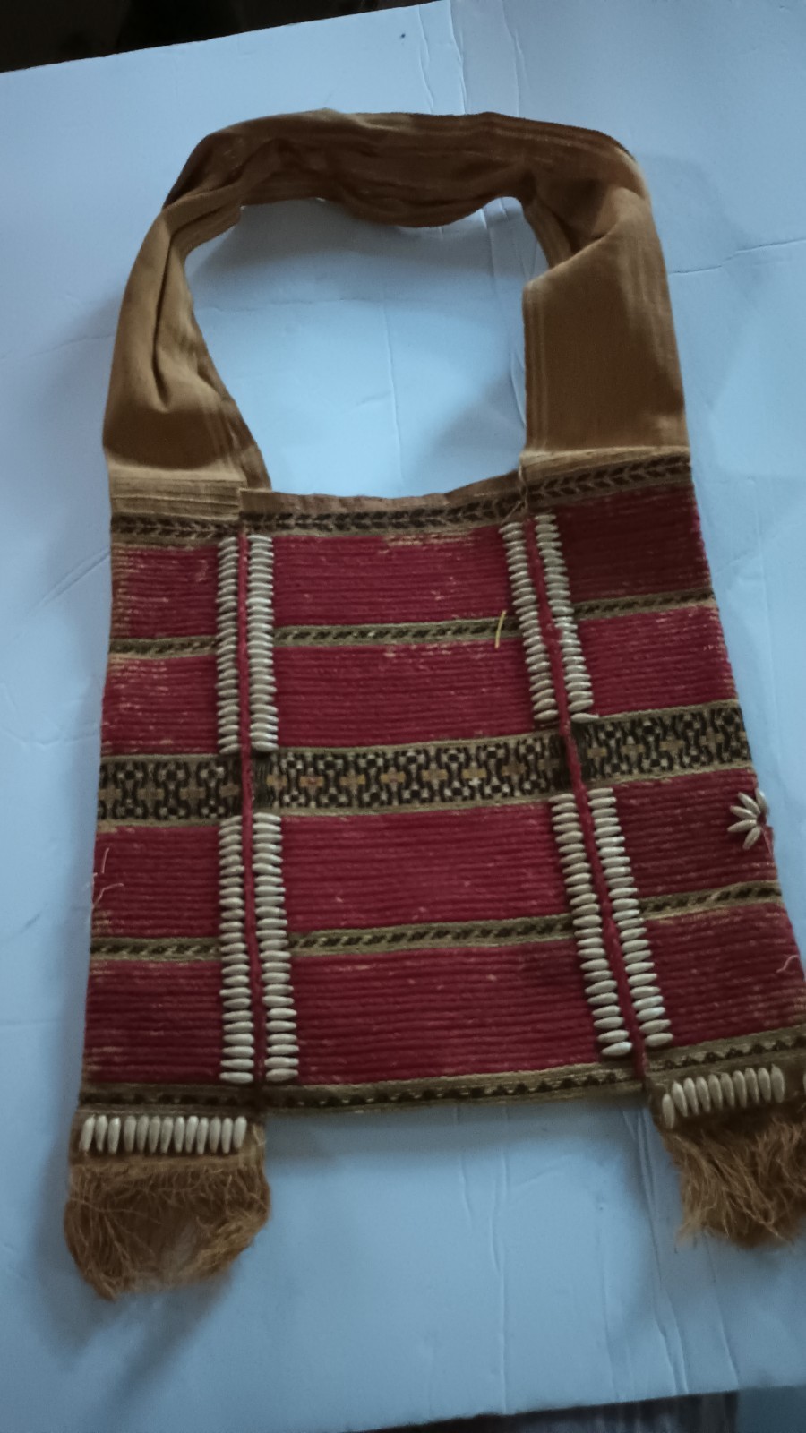 early primitive antique Bag With Shell Decorations