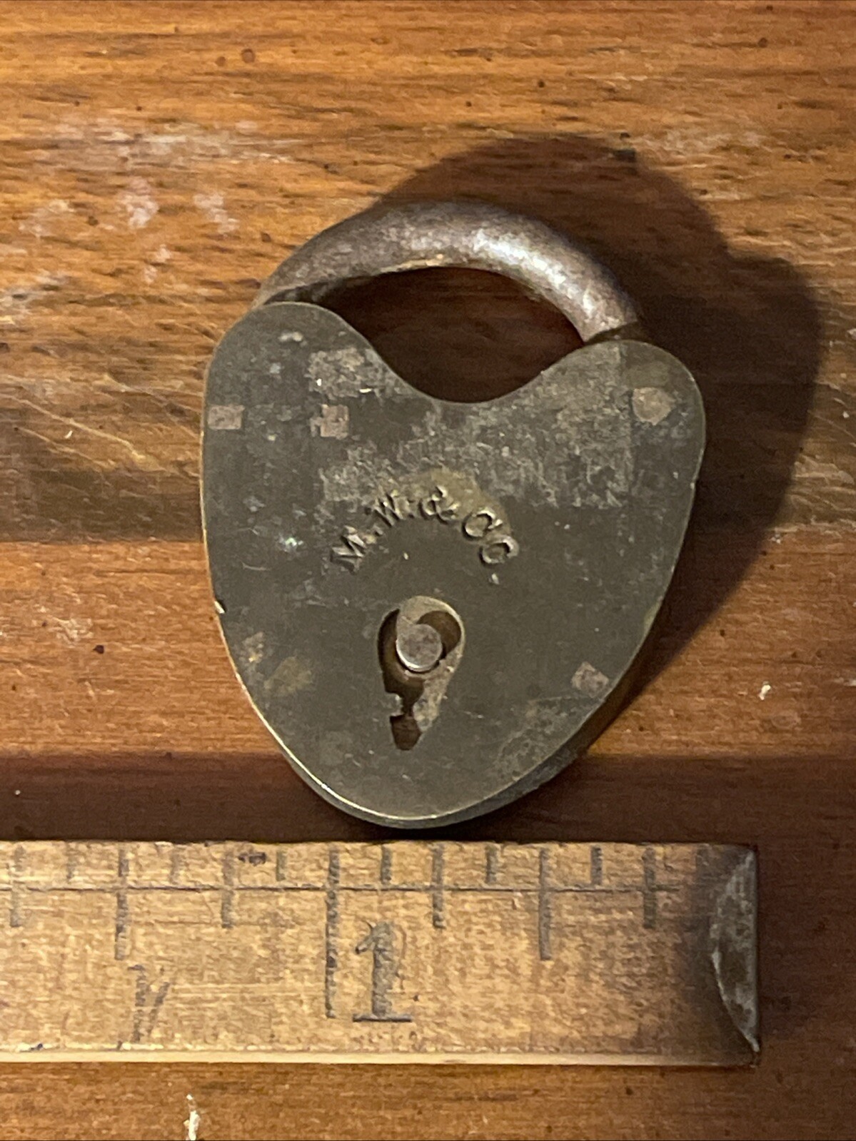 ANTIQUE SMALL MALLORY & WHEELER M.W. & CO. BRASS HEART SHAPE PADLOCK NO KEY