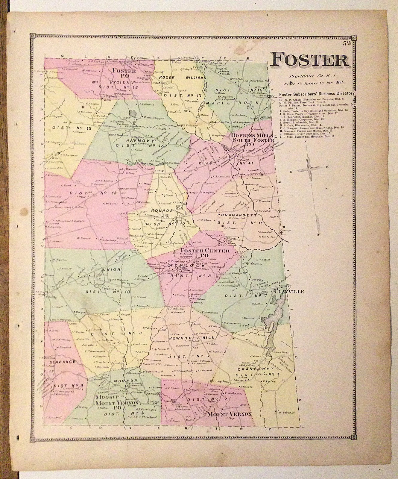 Antique Original Foster, RI Map Removed from D.G. Beers 1870 Rhode Island Atlas