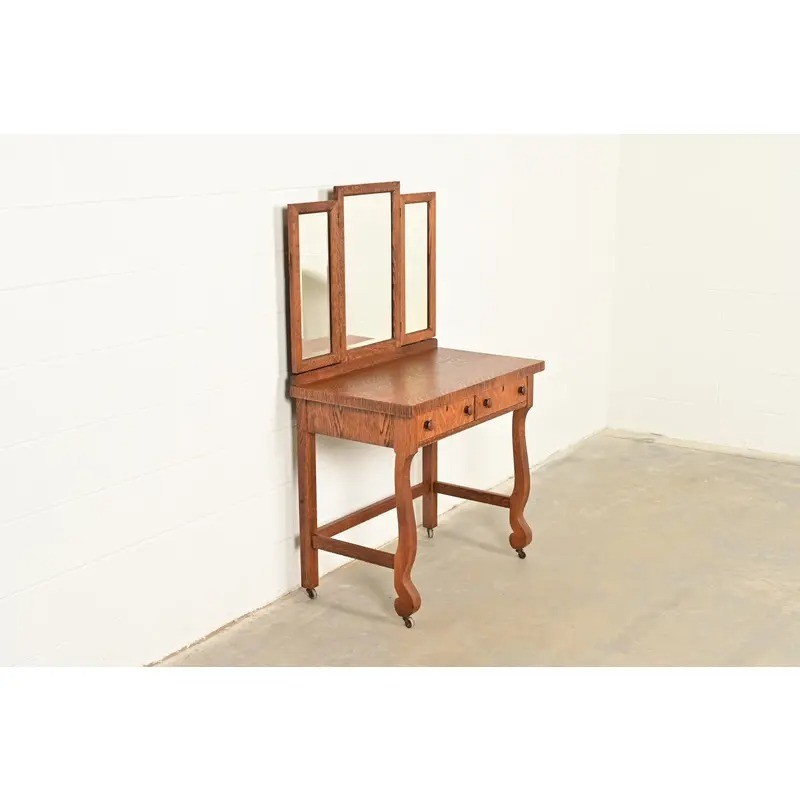 Antique American Empire Tiger Oak Vanity Dressing Table With Mirror, Circa 1900
