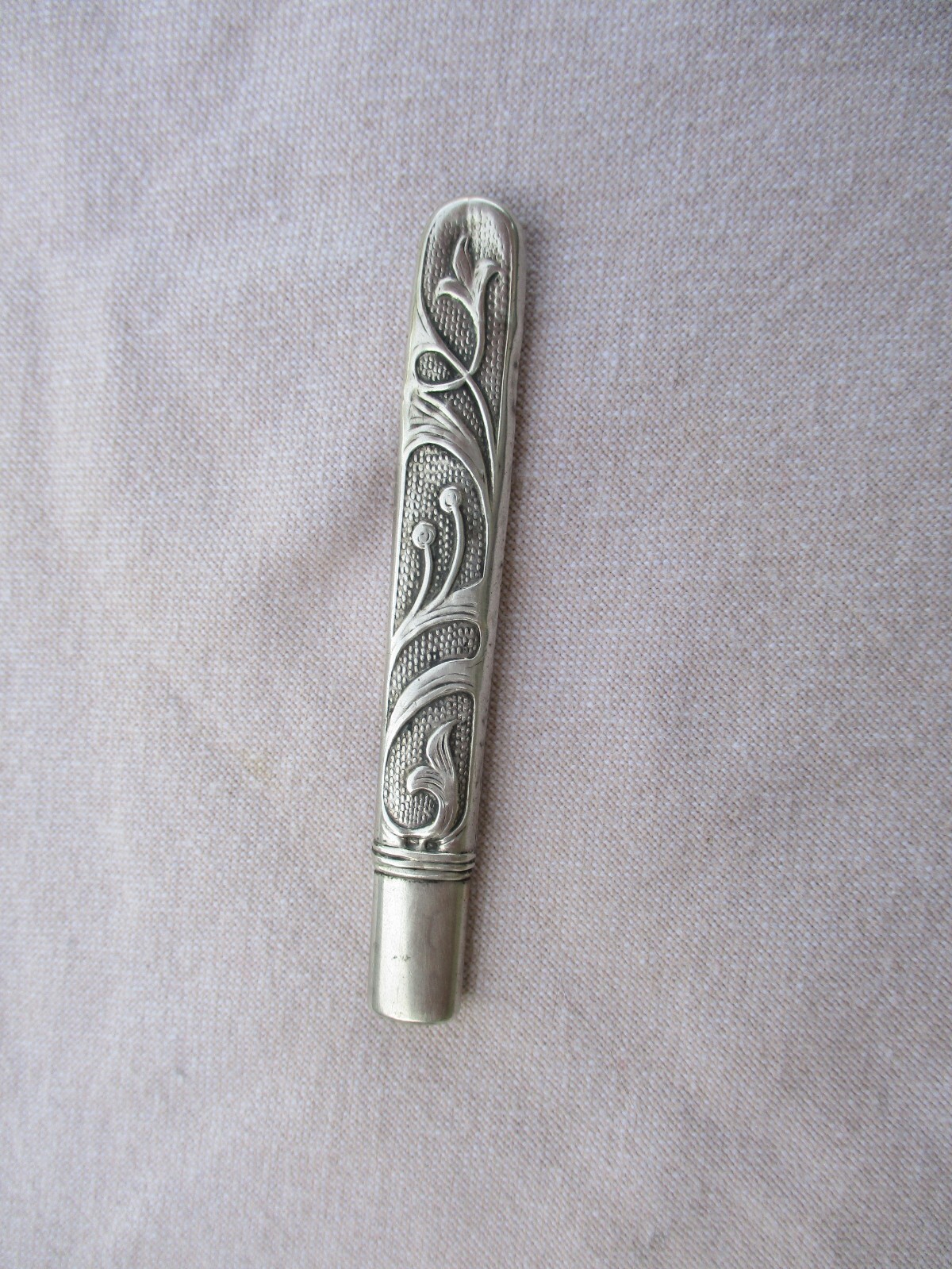 ANTIQUE FRENCH SOLID SILVER GUILLOCHE PENCIL HOLDER ART NOUVEAU MISTLETOE XIXthC