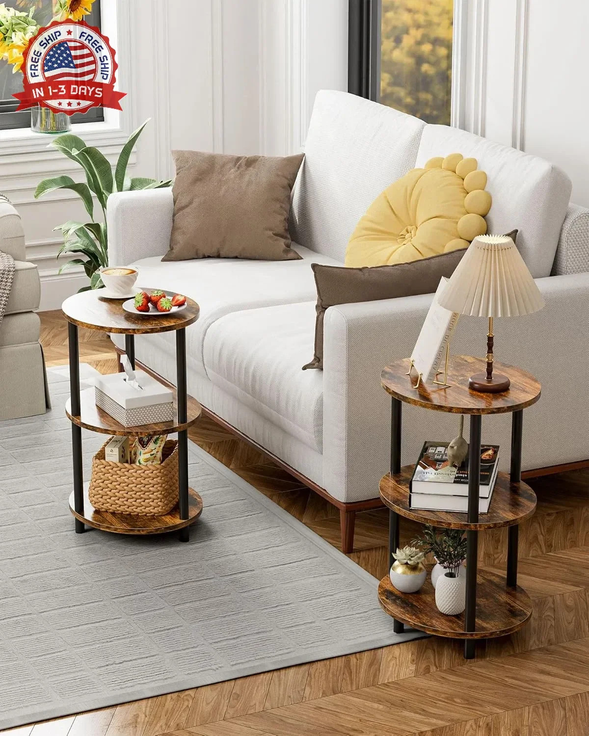 Round Small Side Table – 3 Tier Oval Accent Table for Small Spaces, Rustic Wood