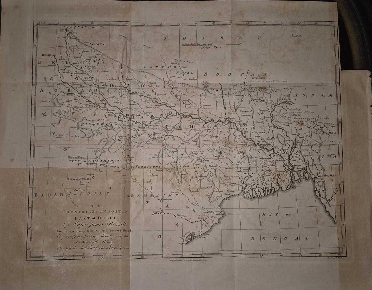 RARE ORIGINAL MAP, COUNTRIES INDOSTAN EAST OF DELHI BY MAJOR RENNELL 1778 INDIA