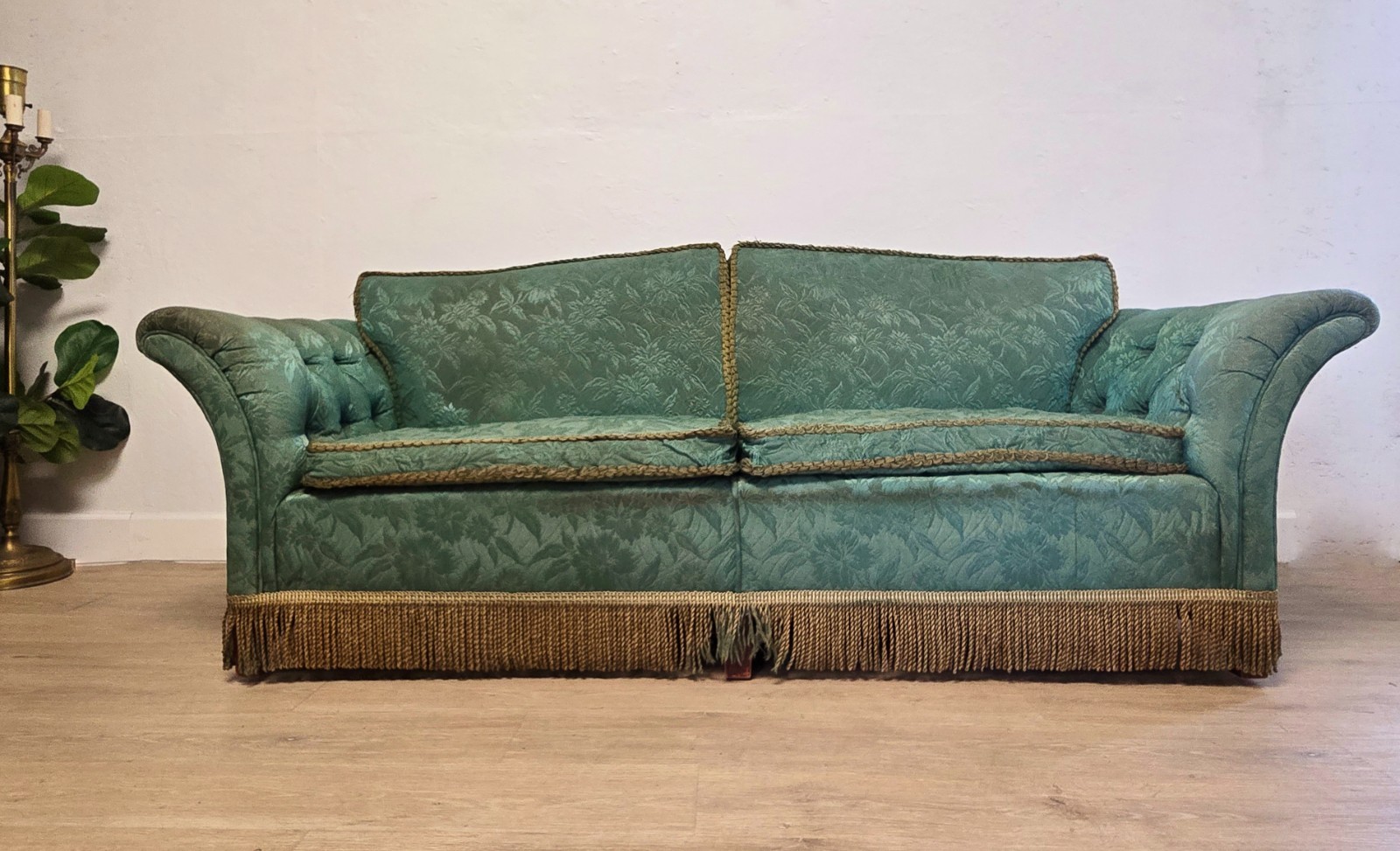 Victorian Green Damask Camelback Rolled Arm Sofa-Antique Green Bullion Fringed