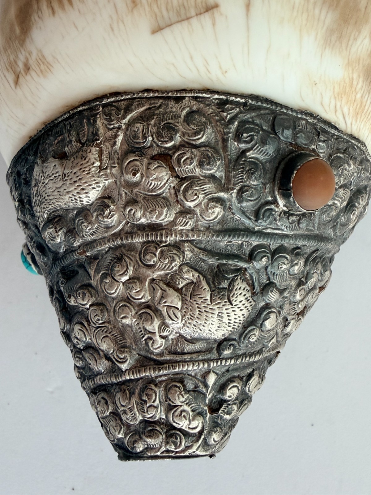 Vintage Tibetan Buddhist Ritual Conch Shell (Shankha) — Hand-chased metalwork