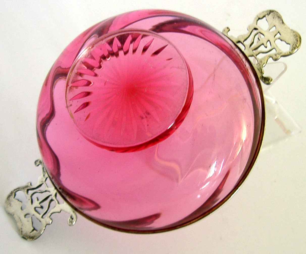 ENGLISH SOLID SILVER CRANBERRY GLASS BRANDY BOWL WHISKY QUAICH 1894 BARWARE