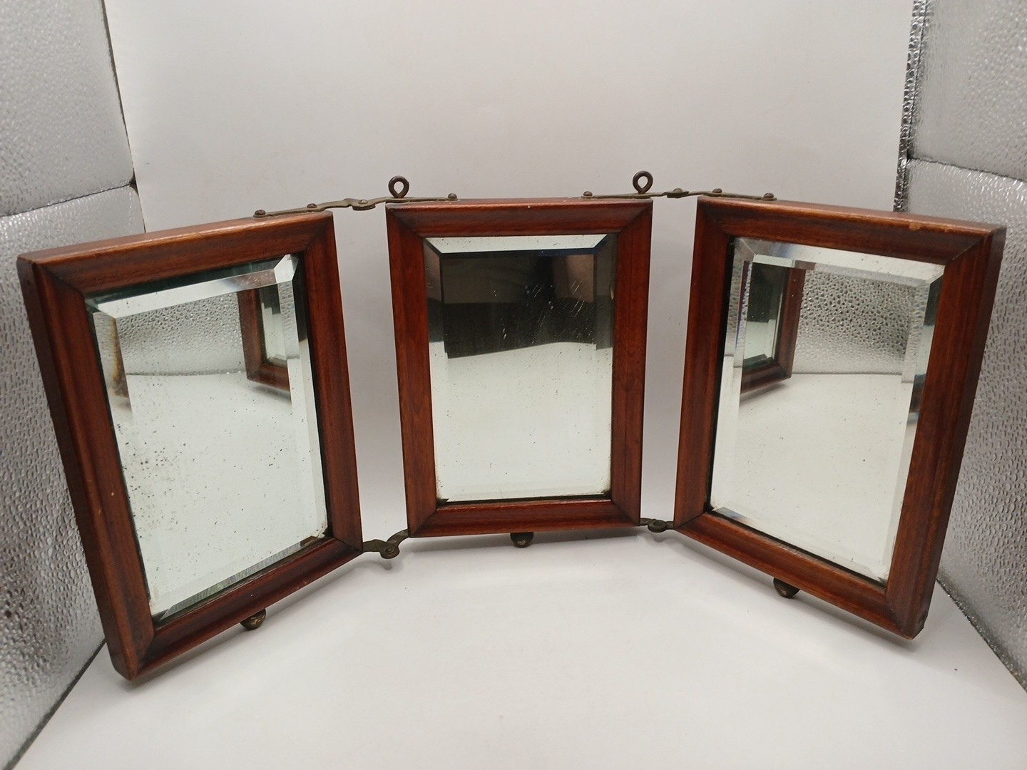 Antique Tri-fold 3 Panel Beveled Hanging Mirror Vanity Shaving Wood Art Nouveau