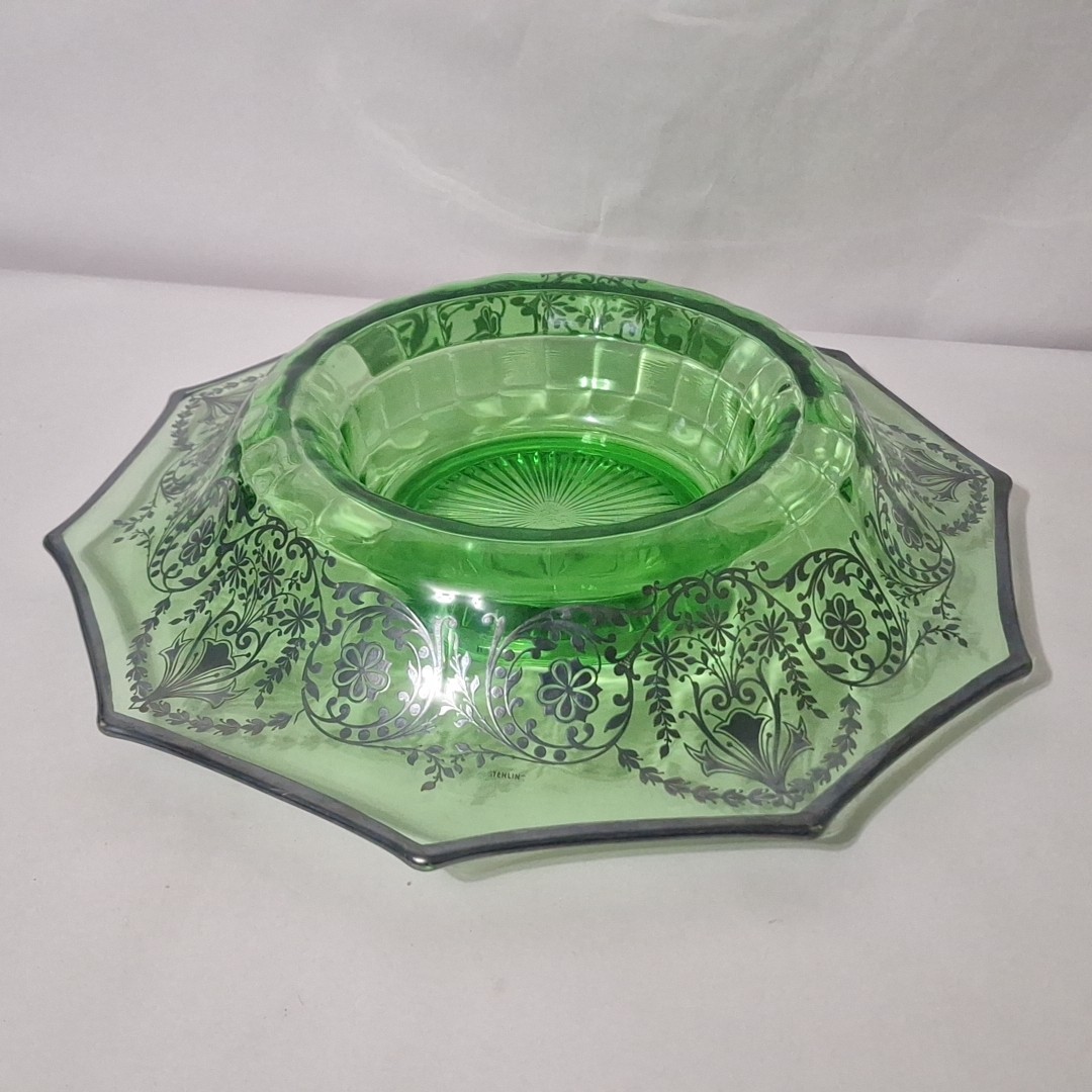 Vintage Green Depression Glass Console Bowl 15″x15″x3.5″ Sterling Overlay