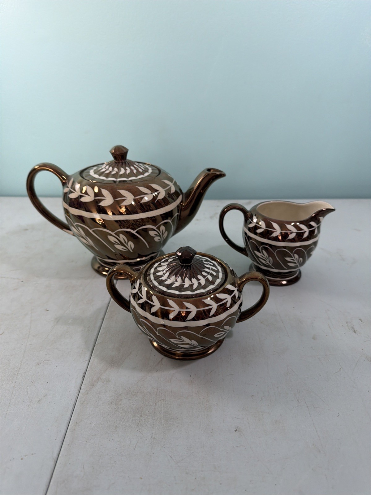 Brown Copper & White Sadler Teapot /Creamer & Sugar Bowl Swirl Design Set ge4