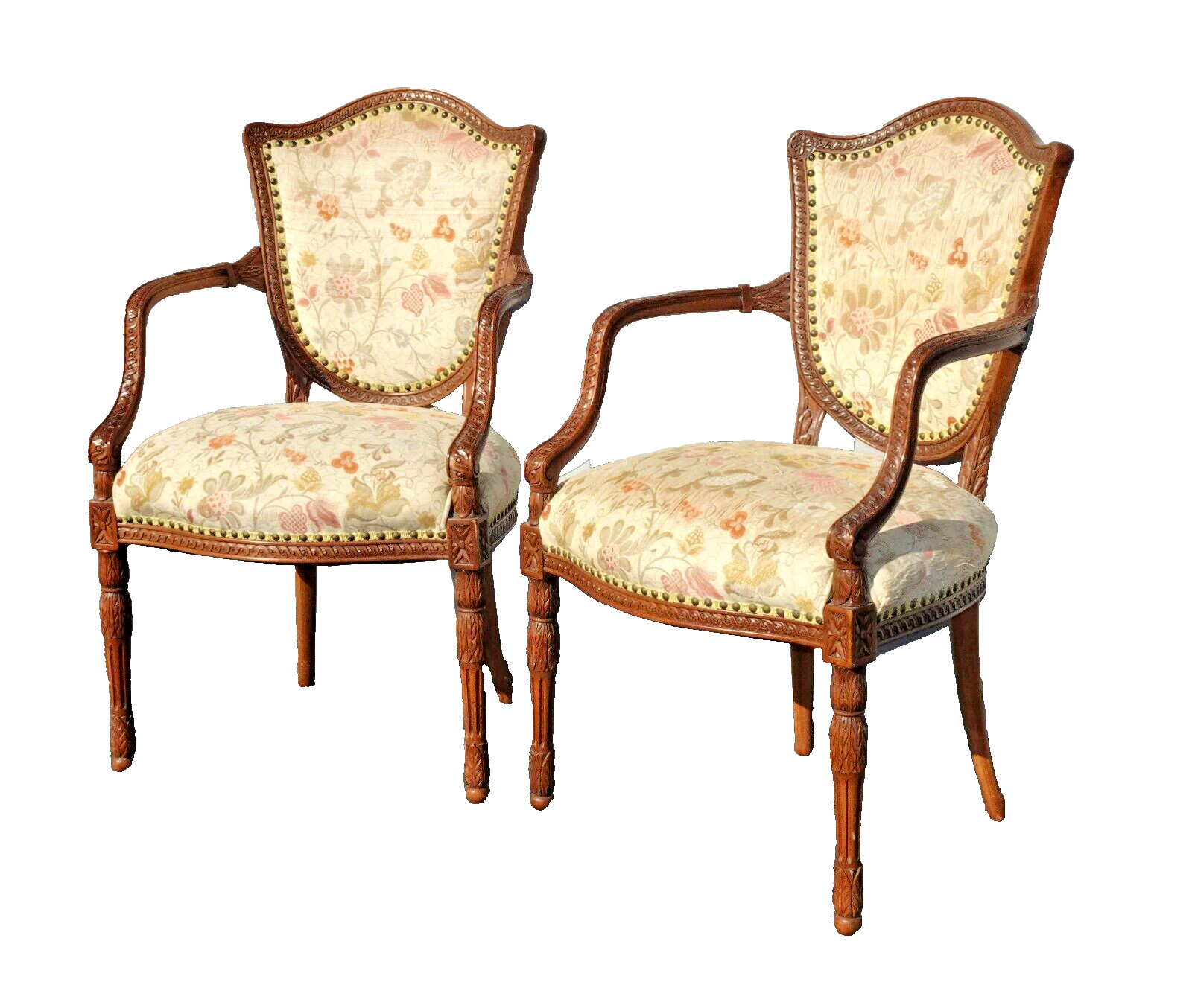 Pair of Vintage Highly Carved French Country Accent Chairs ~ Shield Back
