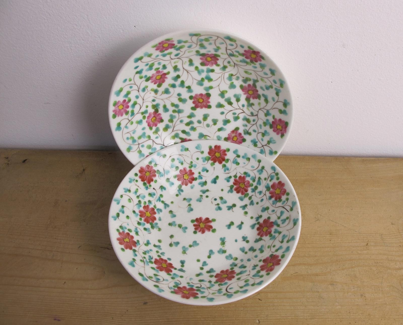 Two antique handpainted small dishes 14cm diameter floral pattern